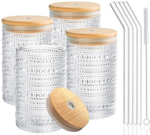 Hobnail Drinking Glasses with Bamboo Lids and Glass Straw 4Pcs Set - 14oz Vintage Glass Cups, Water Glasses, Iced Coffee Glasses, Cute Tumbler Cup, Ideal for Cocktail, Whiskey, Gift - Cleaning Brushes
