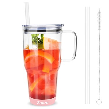 Zukro 32 oz Drinking Glass Tumbler with Handle, Iced Coffee Cup with Straw and Lid, Reusable Glass Water Cup With Silicone Bumper for Beer, Fits In Cup Holder, Dishwasher Safe, BPA Free, Pink