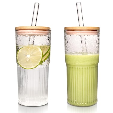 ANOTION Glass Cups - 22 oz Iced Coffee Cups Drinking Glasses Iced Coffee Cup Reusable Smoothie Cup Glass Tumbler Water Glasses Ribbed Glassware Work from Home Essentials Travel Coffee Mug Drinking Set