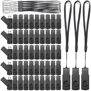 Aoriher 50 Pack USB 2.0 Flash Drives Bulk, Portable USB Thumb Drives with Lanyards, Swivel Flash Drives Thumb Drives for Office School Data Storage (Black, 2GB)