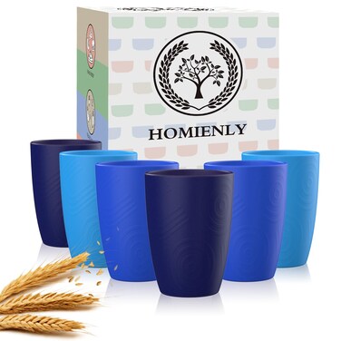 Homienly Glasses Drinking Set Premium Wheat Straw Cups Set of 6 Alternative to Plastic Cups Unbreakable Water Tumblers Reusable Cups for Kitchen Dishwasher Safe Water Glasses(12 OZ Blue Sky)