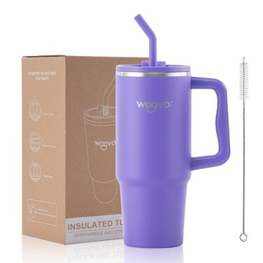 WOOVO 30 oz Tumbler with Handle and Straw, Splash-Proof Travel Mug with Handle and Lid, BPA Free Double Wall Stainless Steel Tumbler Cup, Keep Beverages Cold Hot for Hours, Purple