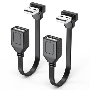 JUXINICE 2 Pack 90 Degree USB2.0 Extension Cable Flat Short 4inch 10CM, Downangle Right angle USB A Male to Female Cable Dual USB Charging Port,Black