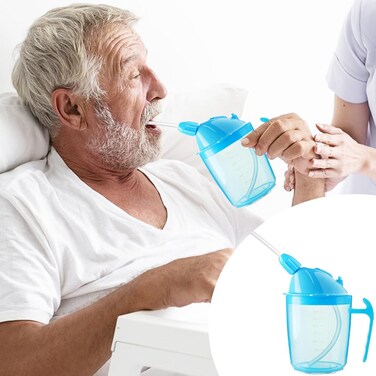 VOPHIA Drinking Beaker Cup for Disabled Adults, Convalescent No Spill Feeding Cup with Straw for Elderly Maternity Drink Water Porridge Soup 350ml (Blue)
