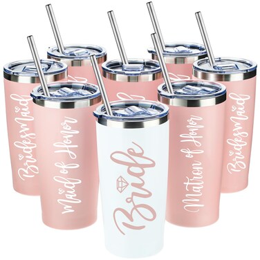 Sabary Bride Gifts Bridesmaid Tumblers Set of 8, 20 oz Insulated Bride Stainless Steel Wine Tumbler Bulk Maid of Honor Mugs with Lid and Straw for Wedding Engagement Party Gifts (Pink, White)