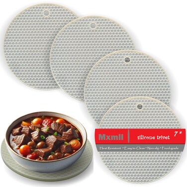 Mxmll 4pk 7 Inch Round Heat Resistant Silicone Trivets Fot Hot Dishes Protect Table Counter Top from Hot Pots and Pans with This Sleek and Stylish Honeycomb Hotpad Food Grade BPA Free - White