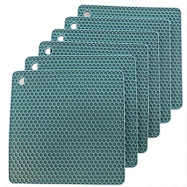 Nstezrne Silicone Trivets for Hot Dishes, Trivet Mat Hot Pads for Kitchen, Trivets for Hot Pots and Pans, Square Silicone Pot Holders Mat, Multi Purpose Heat Resistant Mats for Countertop, Set 6 Teal