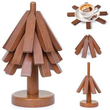 Tree Coasters Set of 3 - Wooden Trivets for Hot Dishes, Trivet Tree for Hot Pads, Trivet Mats Foldable Heat Resistant Pads Multifunctional Ornaments for Teapot Pans Kitchen Table (Walnut)