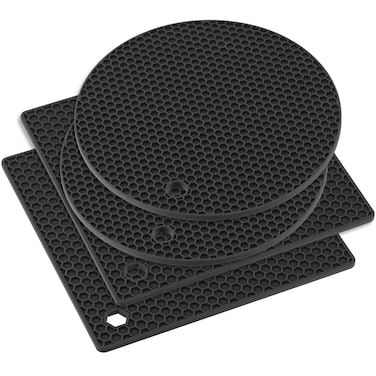 Silicone Trivet Mats Set of 4 - Heat Resistant Silicone Pot Holders, Silicone Mats for Kitchen for Hot Pots and Pans, Flexible Easy to Wash and Dry (7in, 2pcs Round + 2pcs Square, Black)