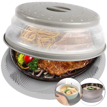 2 in 1, Aidacom Microwave Place Mat &amp; Food Cover- Mat as Bowl Holder, for Splatter Guard, Multi-use: Silicone Trivet, Pot Holders, Drying, Baking, Utensils Rest for Kitchen Counter, Grey
