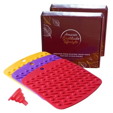 Two Yellow Heavy-Duty Premium Kitchen Hot Pan Trivets   4-in-1 Multipurpose Silicone Pot Holders-Coaster   Free Funnel, Non-Slip, High-Density, Hot Pads, Jar Openers, Spoon Rests, Oven Mitts, Dining