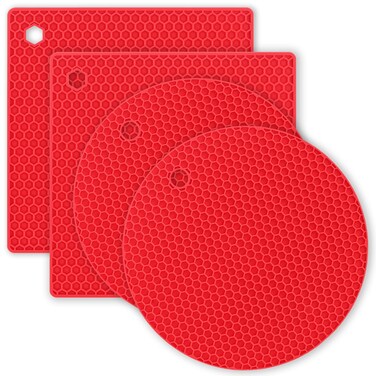 Silicone Trivet Pot Mat, Silicone Pot Holders for Hot Pan and Pot Pads. Heat Resistant Counter Mats for Tables Placemats,Countertops, Spoon Rest and Large Coasters (4Pack Red)