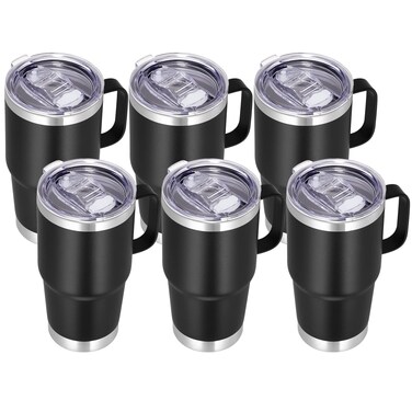VEGOND 20 oz Tumbler Bulk with Handle Lid and Straw, Stainless Steel Insulated Travel Coffee Mug Set, Spill Proof Double Wall Metal Tumblers Cups, Black 6 Pack