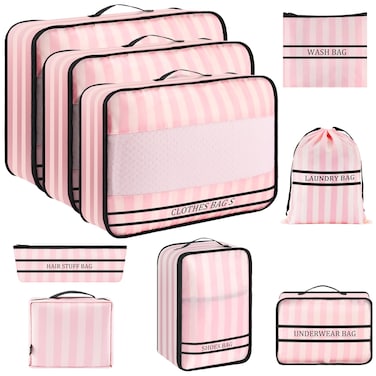 Ougrand 9 Set Packing Cubes Luggage Packing Organizers for Travel Accessories Space Saving Travel Bags for Carry On, Lightweight Mesh Zipper, Clothes, Shoes and Laundry Bag, Suitcases (Pink Streak)