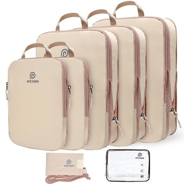 PFEYRPK Compression Packing Cubes for Suitcases,7 Set Vacation Travel Essentials,Expandable Organizers Bag Set and Travel Cubes for Luggage,Lightweight Durable Packing Organizers Khaki.