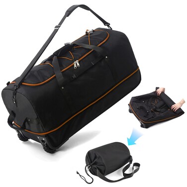 Vomgomfom Expandable from 110L to 140L 31.5" Rolling Duffle Bag with 2 Wheels,Foldable Travel Duffel Bag with Large Convertible Compartment Pocket,Black Orange