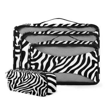 Zebra Print Travel Packing Cubes 4 Set, Animal Zebra Print Luggage Packing Organizers Storage Mesh Bags for Travel Accessories