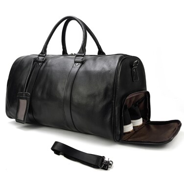 LUUFAN Leather Travel Bag Large Capacity Luggage Duffel Bag with Shoe Compartment, Men Women Weekend Shoulder Bag for Holiday Business Trip (55cm-Black)