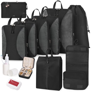 Compression Packing Cubes 12 Set, Suitcase Organizers, Luggage Organizer Bags for Travel, Extendable Packing Cubes for Travel Compression, Travel Essentials, Black