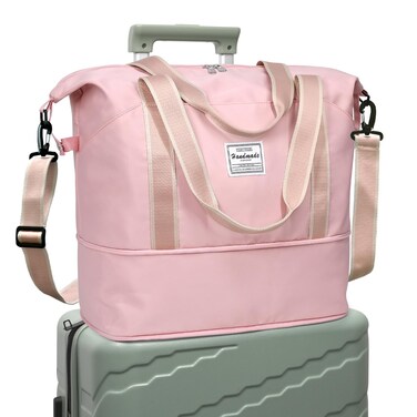 DMLuna Travel Duffel Bag, Tote Sports Gym Bag, Shoulder Overnight Weekender Bag for Women &amp; Men, Hospital bag, Expandable Duffel Bag with Trolley Sleeve/Wet Pocket, Rose Gold
