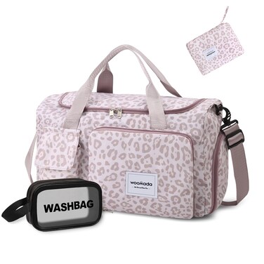 WOOMADA Foldable Travel Duffel Bag with Shoes Compartment, Overnight Bag with Wet Pocket, Weekender Carry On with cosmetic bag for Women&iuml;&frac14;&circ;pink leopard&iuml;&frac14;&permil;
