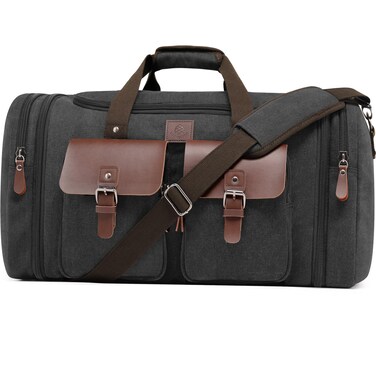 Densata Canvas Duffle Bag for Men 50L Travel Duffel Bags Expandable Genuine Leather Duffel Overnight Weekender Carry On Bag Two Zipper Pockets Travel Bag (Black, Large-50L)