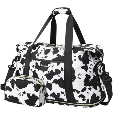 Expandable Travel Duffle Bag, Waterproof Weekender Overnight Bags for Women Men Hospital Bag for Women Labor Delivery Carry on Bag with Toiletry Bag for Travel Gym Airplanes(Cow Print, X-Large)