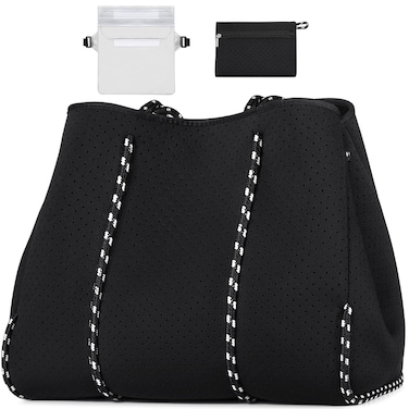 IBFUN Neoprene Bag, Large Multipurpose Beach Bag Upgraded Neoprene Tote Bag with Inner Zipper Pocket for Women/Beach/Pool(Black)