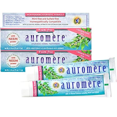 Auromere Ayurvedic Herbal Toothpaste, Cardamom Fennel, Foam Free - Vegan, Natural, Non GMO, SLS Free, Fluoride Free, Gluten Free, with Neem &amp; Peelu (4.16 oz), 2 Pack