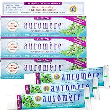 Auromere Ayurvedic Herbal Toothpaste, Mint Free - Vegan, Natural, Non GMO, Fluoride Free, Gluten Free, with Neem &amp; Peelu (4.16 oz), 3 Pack