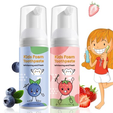 VOGSIG Kids Foam Toothpaste - Blueberry + Strawberry Flavor, Safe and Effective for Cleaning Teeth, Suitable for Children, 2 Pack