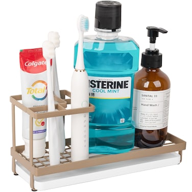 Toothbrush Holders for Bathrooms, Carbon Steel Tooth Brushing Holder Electric Toothbrush and Toothpaste Organizer Bathroom Accessories for Countertop, Shower, Sink - Gold