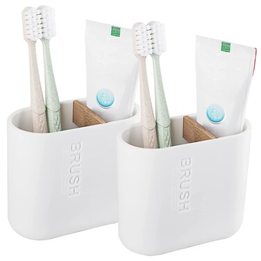 Toothbrush Holders Bamboo Electric Toothbrush Holder Bathroom Storage Organizer Countertop for Toothpaste, Floss, Razor, 2 Pack White