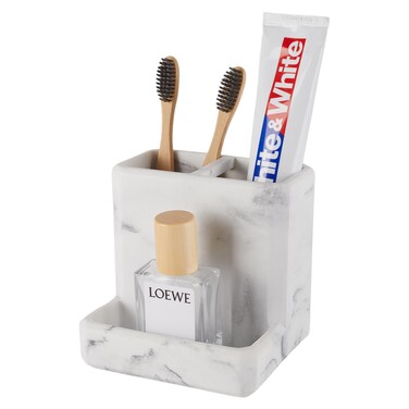 SZYRL Toothbrush Holder for Bathrooms Organizer Countertop Organizer Accessories, with 3 Compartment Storage for Toothbrush Toothpaste Floss Razors, White Imitation Marble Finish Toothbrushholder03