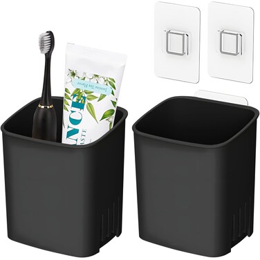 2 Packs Wall Mounted Toothbrush Holders, Self Adhesive Bathroom Toothbrush Wall Holder for Electric Toothbrush, Toothpaste, Razor,Shower Accessories (Black)