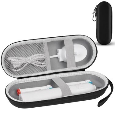 LOPHE Electric Toothbrush Travel Case, Travel Toothbrush Holder with Mesh Pocket for Accessories Waterproof PU Surface &amp; Soft Lining Inside the Case Toothbrush Protective Portable Storage Bag (Black)