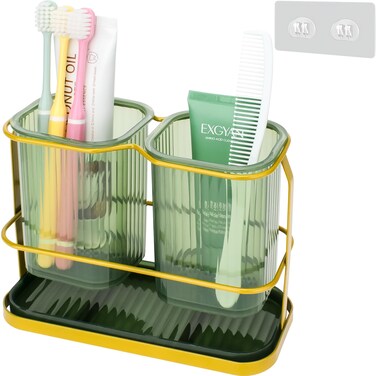 Toothbrush Holders for Bathrooms Countertop Organizer - Kids Electric Toothbrush and Toothpaste Holder Wall Mounted, Detachable 2 Cups Tooth Brush Organization Bathroom Accessories Storage, Green