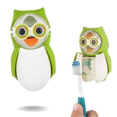 Flipper Owl Toothbrush Cover Green &acirc;&euro;&ldquo; Make Toothbrushing Time Fun with Our Kids Toothbrush Holder with Cover &acirc;&euro;&ldquo; Suction Cup Toothbrush Holder with Toothbrush Sand Timer Eyes for 1 min Brushing