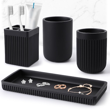 Toothbrush Holders for Bathroom, Black Toothbrush Holder Set 4 Piece-Vanity Tray, Tumbler, Toothbrush Holder for Bathroom Accessory Set