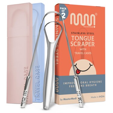 MasterMedi Tongue Scraper with Multicolor Cases (2 Pack), 100% Stainless Steel, Reduce Bad Breath, Easy to Use Tongue Scraper for Adults, Tongue Cleaner for Oral Care &amp; Hygiene