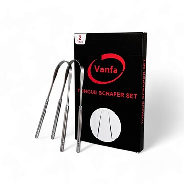Vanfa Tongue Scraper for Adults with Cases 2-Pack Stainless Steel, Reduce Bad Breath, Tongue Scrubber, Easy to Use, Tongue Cleaner for Oral Care &amp; Hygiene Item: #79020