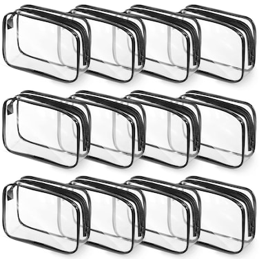 Weewooday 12 Pieces Clear Cosmetics Bag PVC Zippered Clear Toiletry Carry Pouch Cosmetic Makeup Bag Waterproof Makeup Bag Vinyl Plastic Organizer Case for Vacation Bathroom(Large,Black)