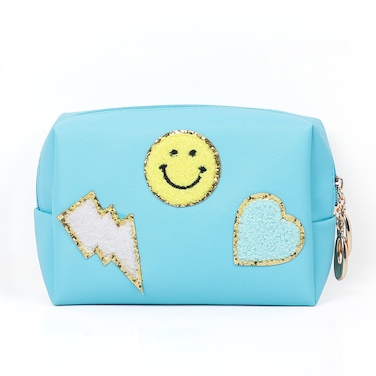 Miss or Miss Preppy Patch Makeup Bag,Smile Lightning PU Leather Waterproof Makeup Bag for Girls,Daily Use Preppy Girls Stuff Makeup Bag,Travel Organizer Cosmetic Bag for Women Girls Gift Teal