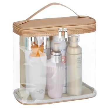 HAOGUAGUA Heavy Duty Leak Proof Clear Travel Bags for Toiletries, Transparent Makeup Cosmetic Bag with Zipper and Handle (1PCS GOLD, Large)