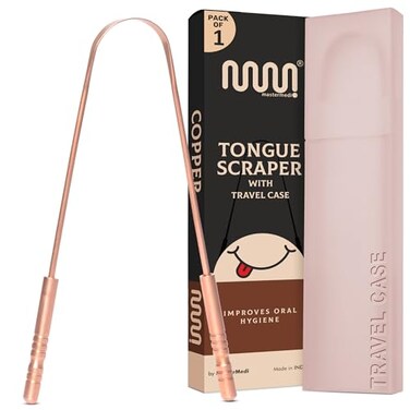 MasterMedi Pure Copper Tongue Scraper for Adults, Tongue Scrubber for Bad Breath, Easy to Use, Tongue Cleaner for Oral Care &amp; Hygiene (Copper Pack of 1 with Case)