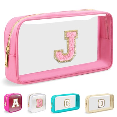 Small Clear Personalized Initial Makeup Bag,Nylon Preppy A-Z Chenille Letter Patch Cosmetic Pouch Beach Toiletry Bag,Waterproof Zipper Travel Purse Storage Bag Organizer for Women Girls(Pink-Pink J)