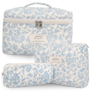 GISMTR 3Pcs Cotton Quilted Makeup Bag Large Travel Cosmetic Bag Coquette Makeup Pouch Cute Aesthetic Floral Toiletry Bag for Women Girls