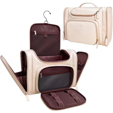 HAPPOUS Extra Large Toiletry Bag PU Leather Hanging Travel Toiletry Bag for Women - Water Resistant Makeup Cosmetic Bag and Toiletry Organizers for Toiletries, Makeup Accessories Pink