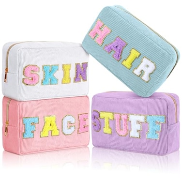 Pinkunn 4 Pcs Preppy Makeup Bags Christmas Chenille Letter Bag Face Skin Hair Stuff Cosmetic Bag Corduroy Makeup Pouch with Zipper Birthday Gifts for Women (Purple, Pink, White, Blue)