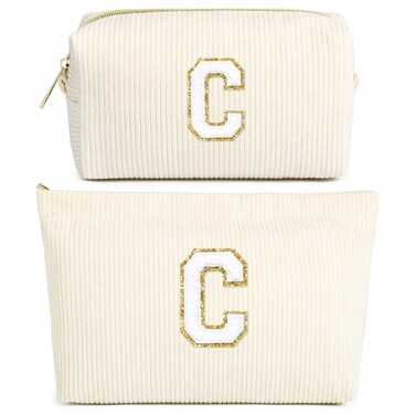 SOIDRAM 2PCS Initial Makeup Bag Personalized Makeup Bag Mothers Day Gifts Teach Bag Makeup Bag Pouch Make Up Bags Travel Toiletry Bag for Her Mom Girlfriend Wife Teacher Birthday Gifts C